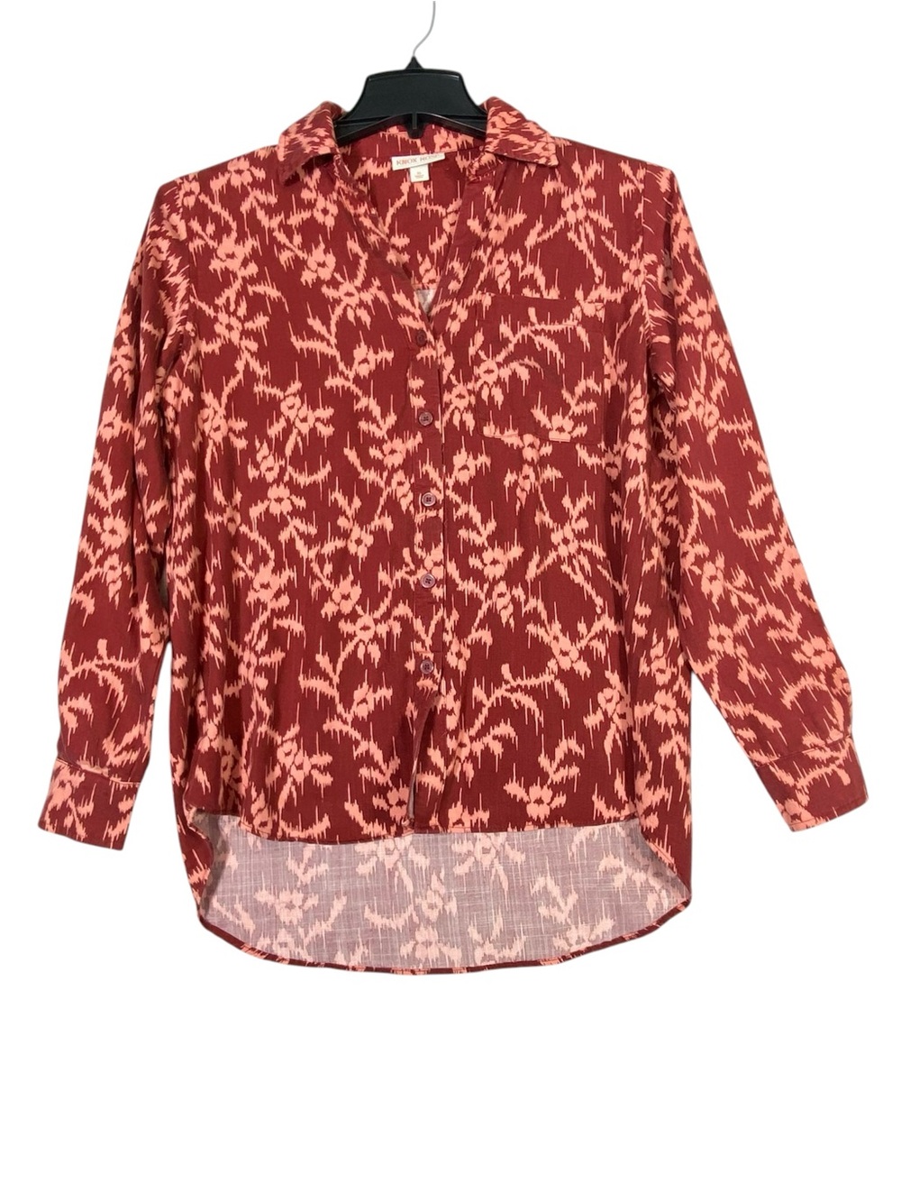 Knox Rose Button Up Abstract Floral Blouse Women's XS Red Long-Sleeve Hi Low Hem